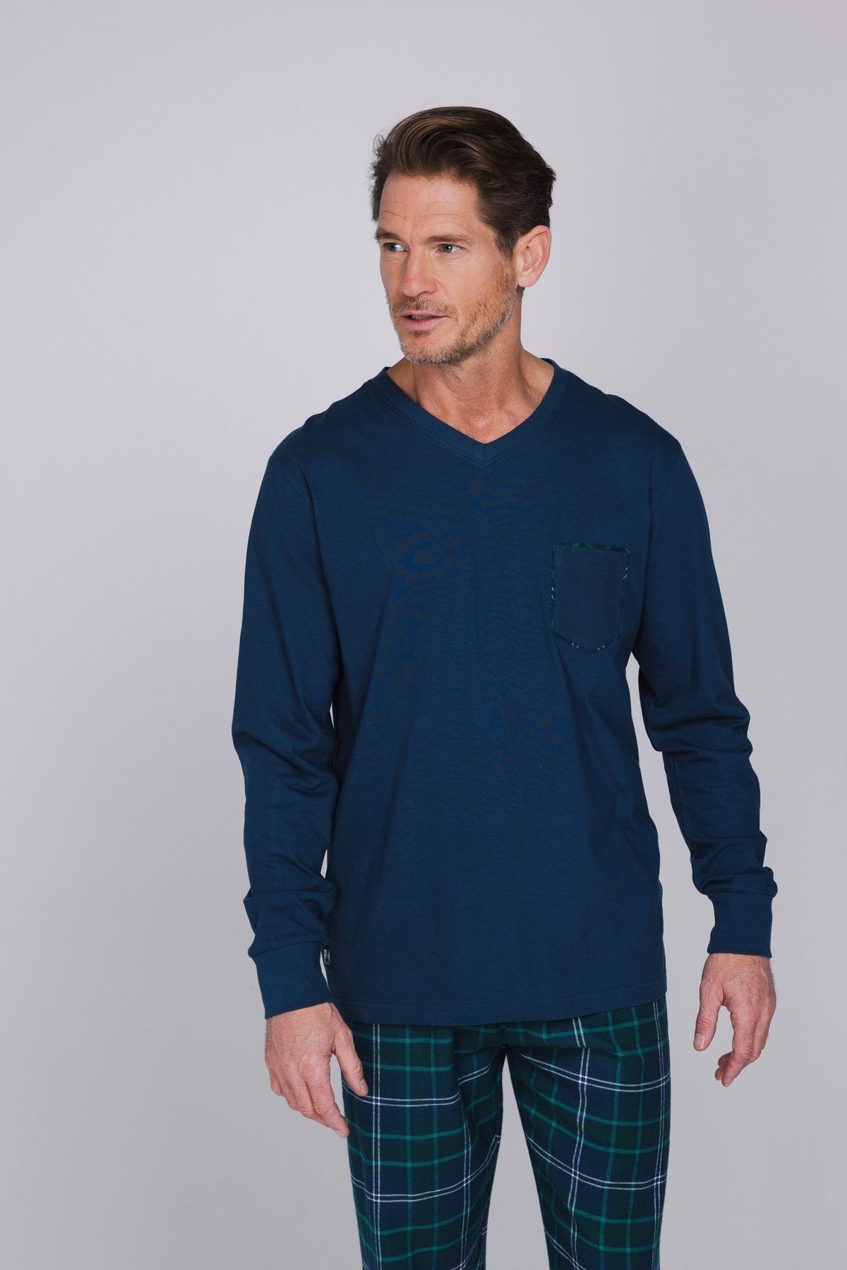Heren Pyjama Lodge V-hals Donkerblauw detail 5
