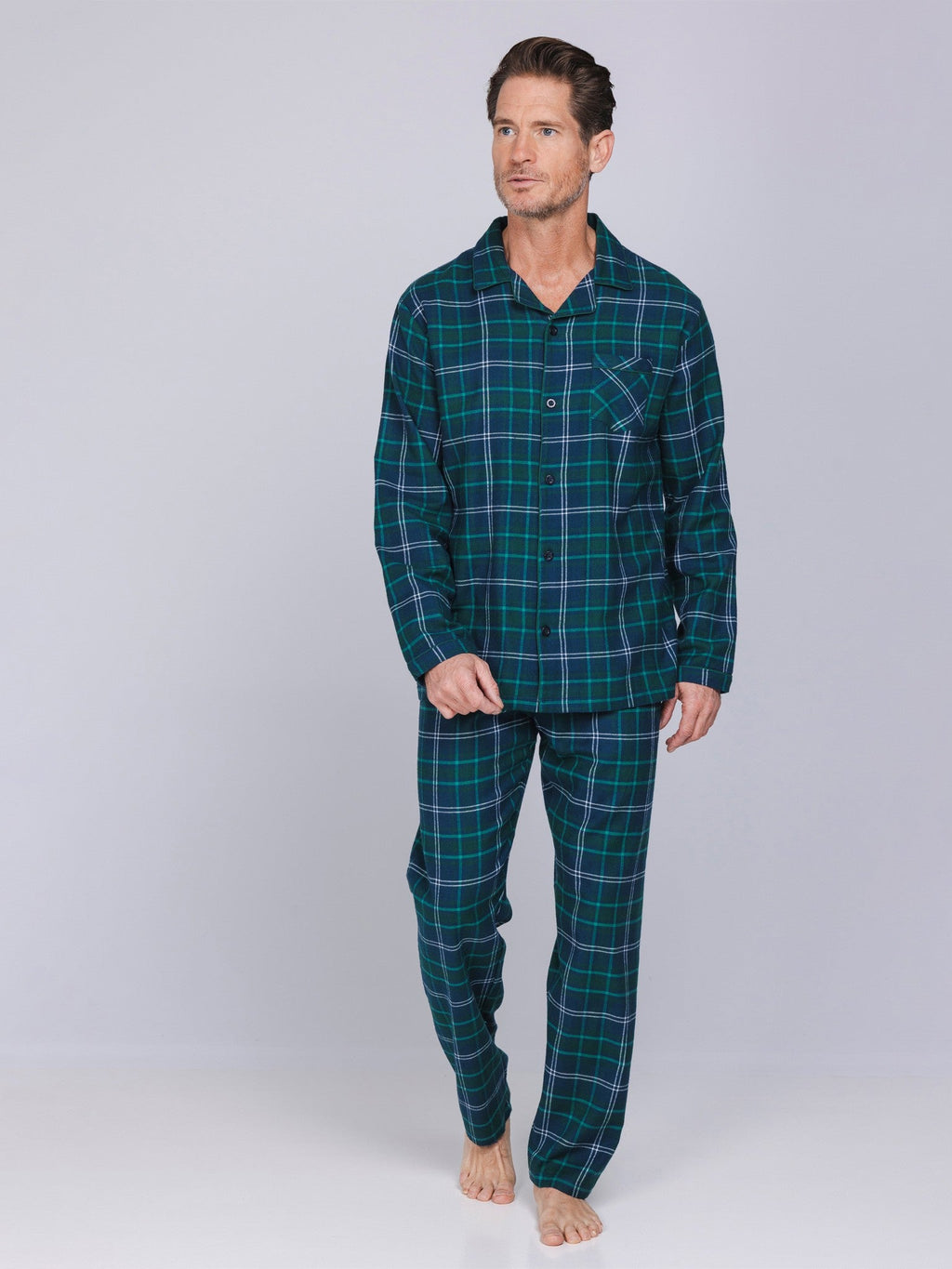 Heren Pyjama Lodge Doorknoop Ruit Blauw/Groen detail 3