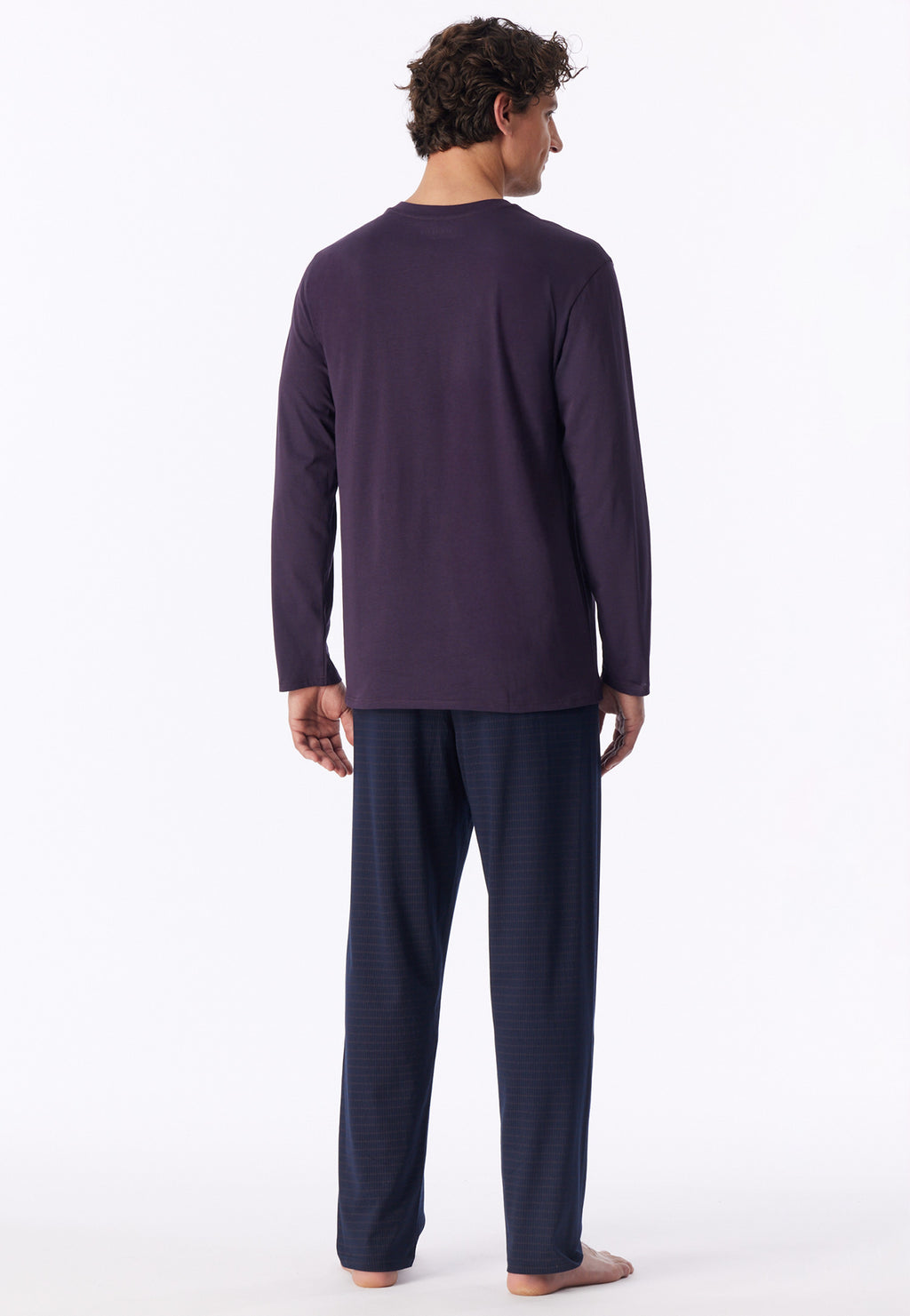 Schiesser Heren Pyjama Lang Comfort Essentials Aubergine V-hals detail 1