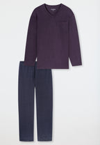 Schiesser Heren Pyjama Lang Comfort Essentials Aubergine V-hals detail 2