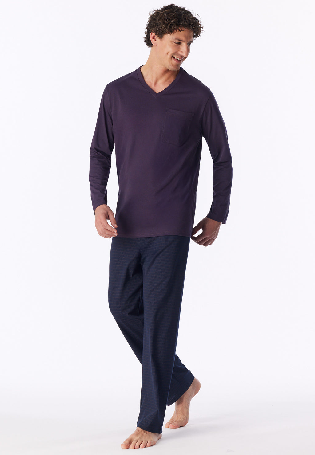 Schiesser Heren Pyjama Lang Comfort Essentials Aubergine V-hals