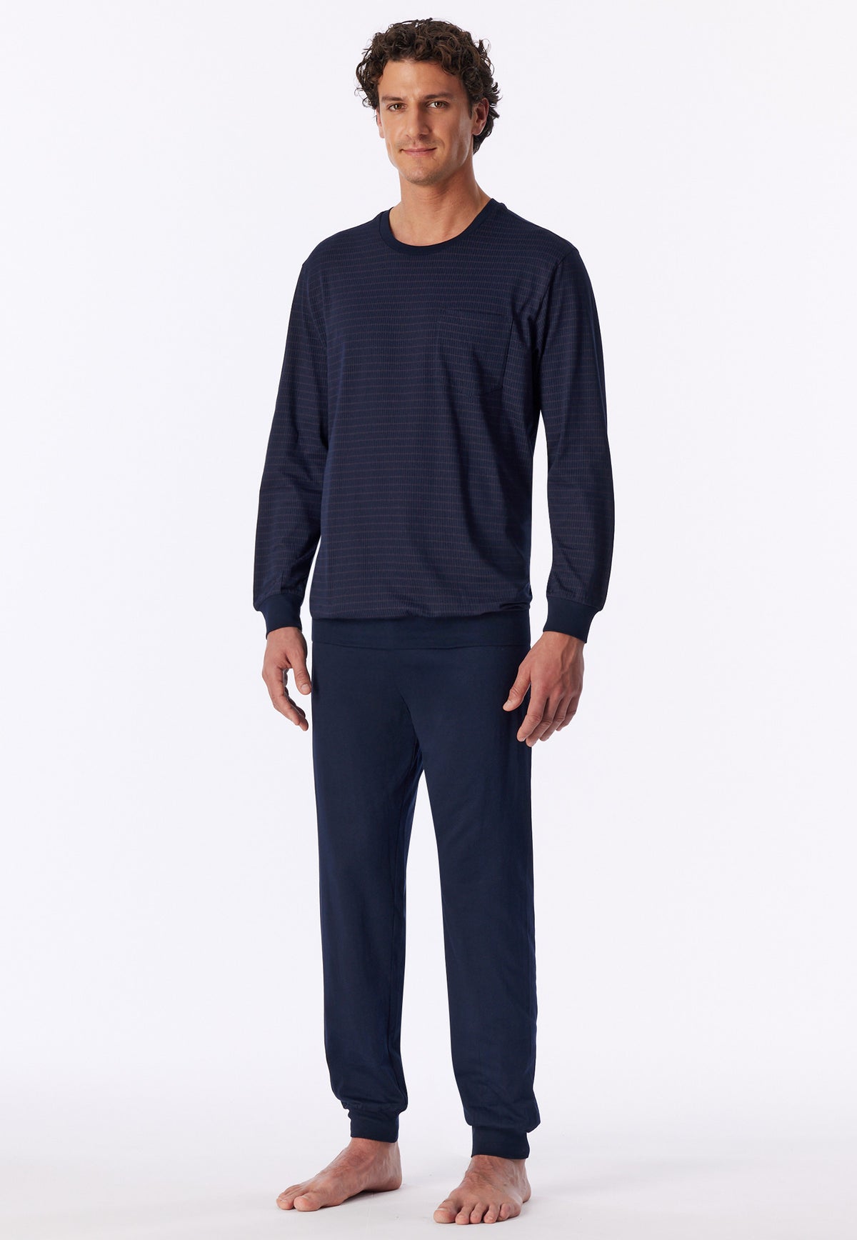 Schiesser Heren Pyjama Lang Comfort Essentials Aubergine Manchetten detail 3