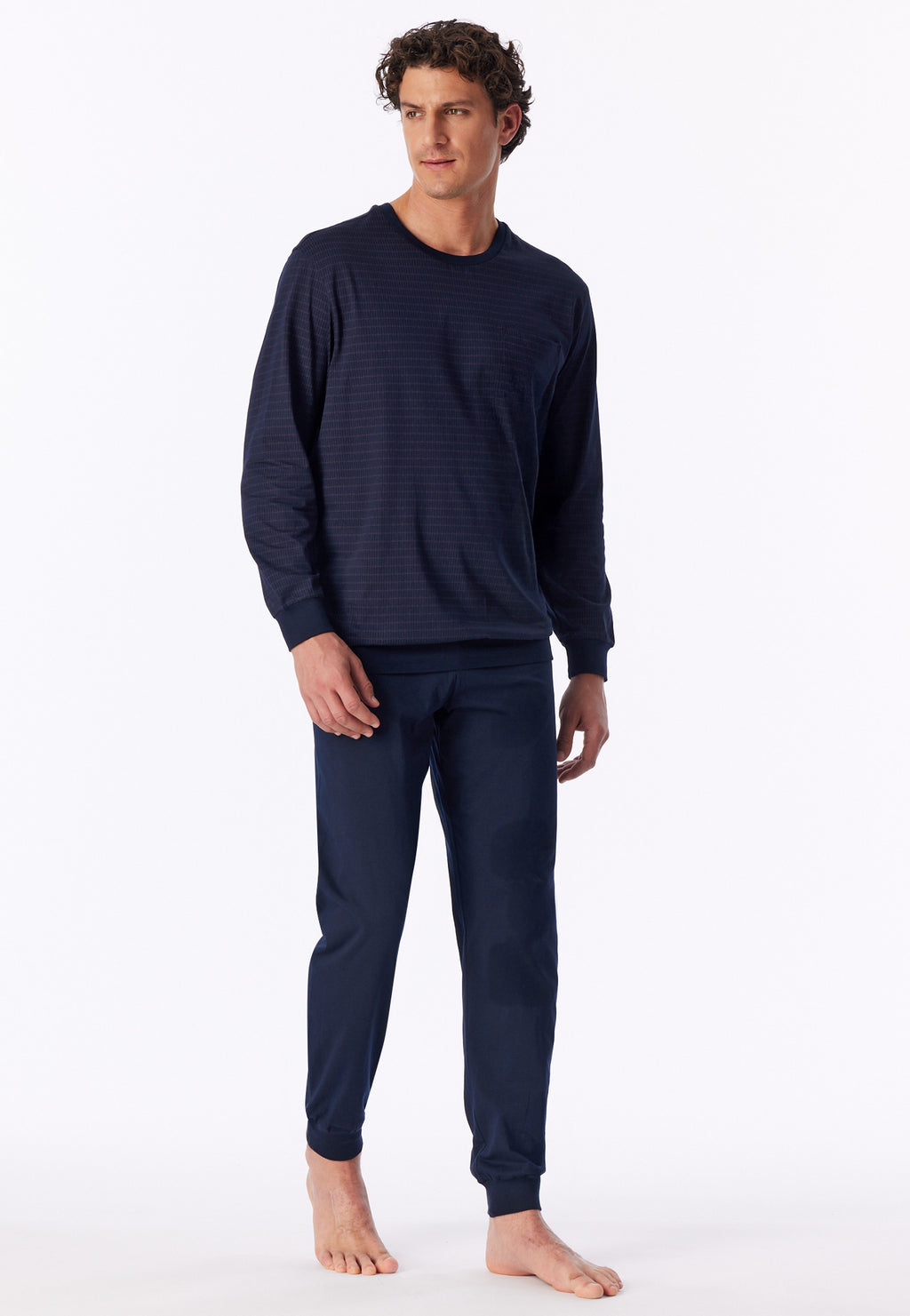 Schiesser Heren Pyjama Lang Comfort Essentials Aubergine Manchetten