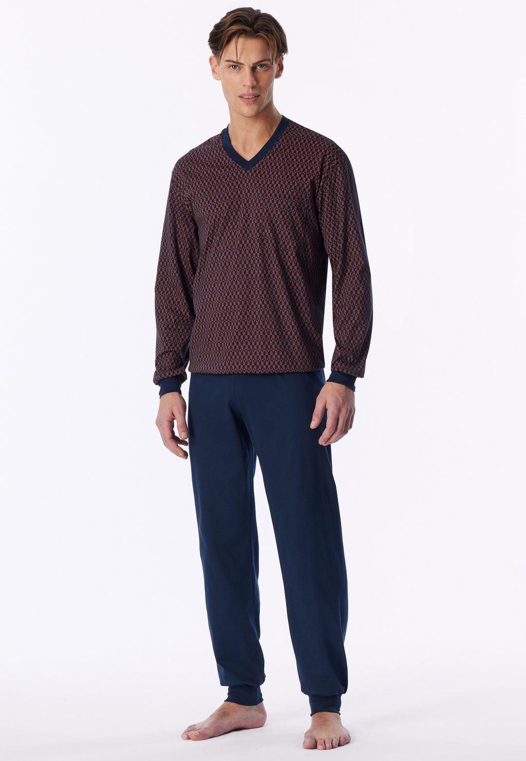 Schiesser Heren Pyjama Lang Comfort Nightwear Koper Patroon detail 3