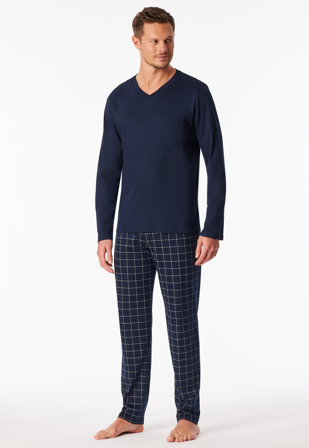 Schiesser Heren Pyjama Lang Fine Interlock Nachtblauw Geruit detail 2