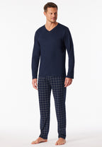 Schiesser Heren Pyjama Lang Fine Interlock Nachtblauw Geruit detail 2