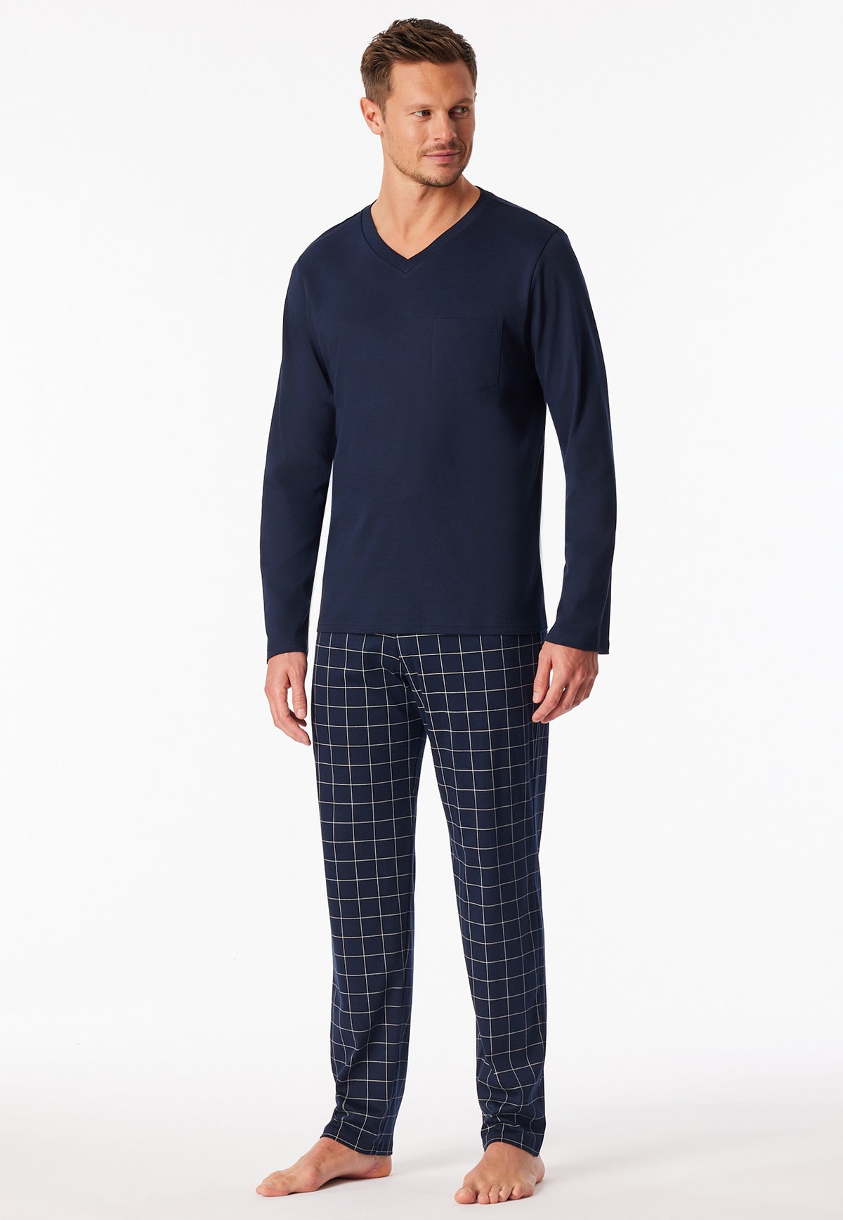 Schiesser Heren Pyjama Lang Fine Interlock Nachtblauw Geruit detail 2