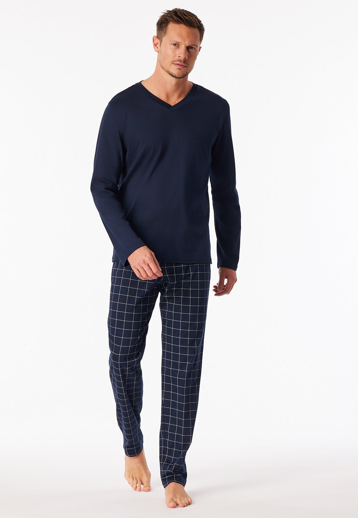 Schiesser Heren Pyjama Lang Fine Interlock Nachtblauw Geruit