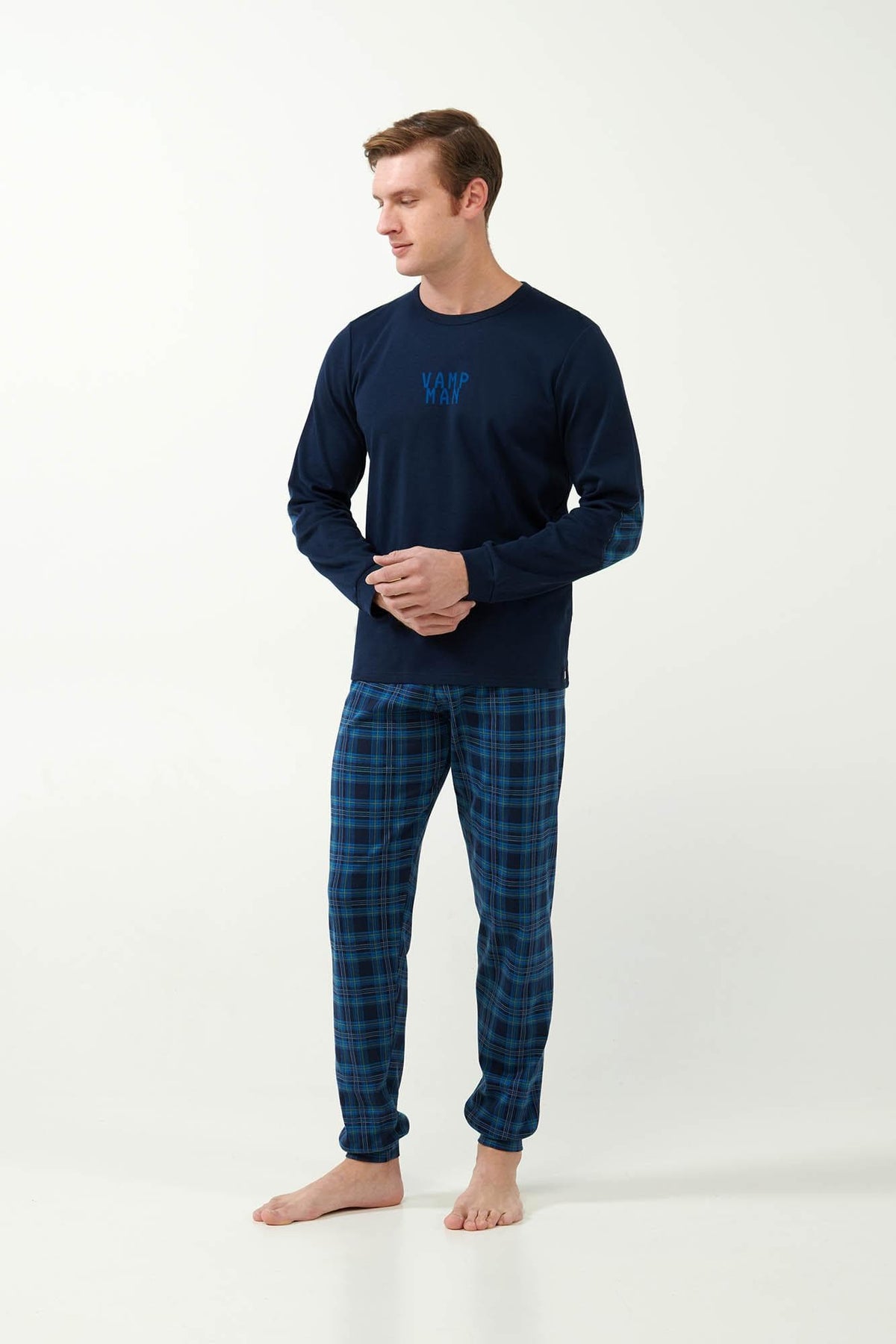 Vamp Herenpyjama Katoen Schotse Ruit Blauw