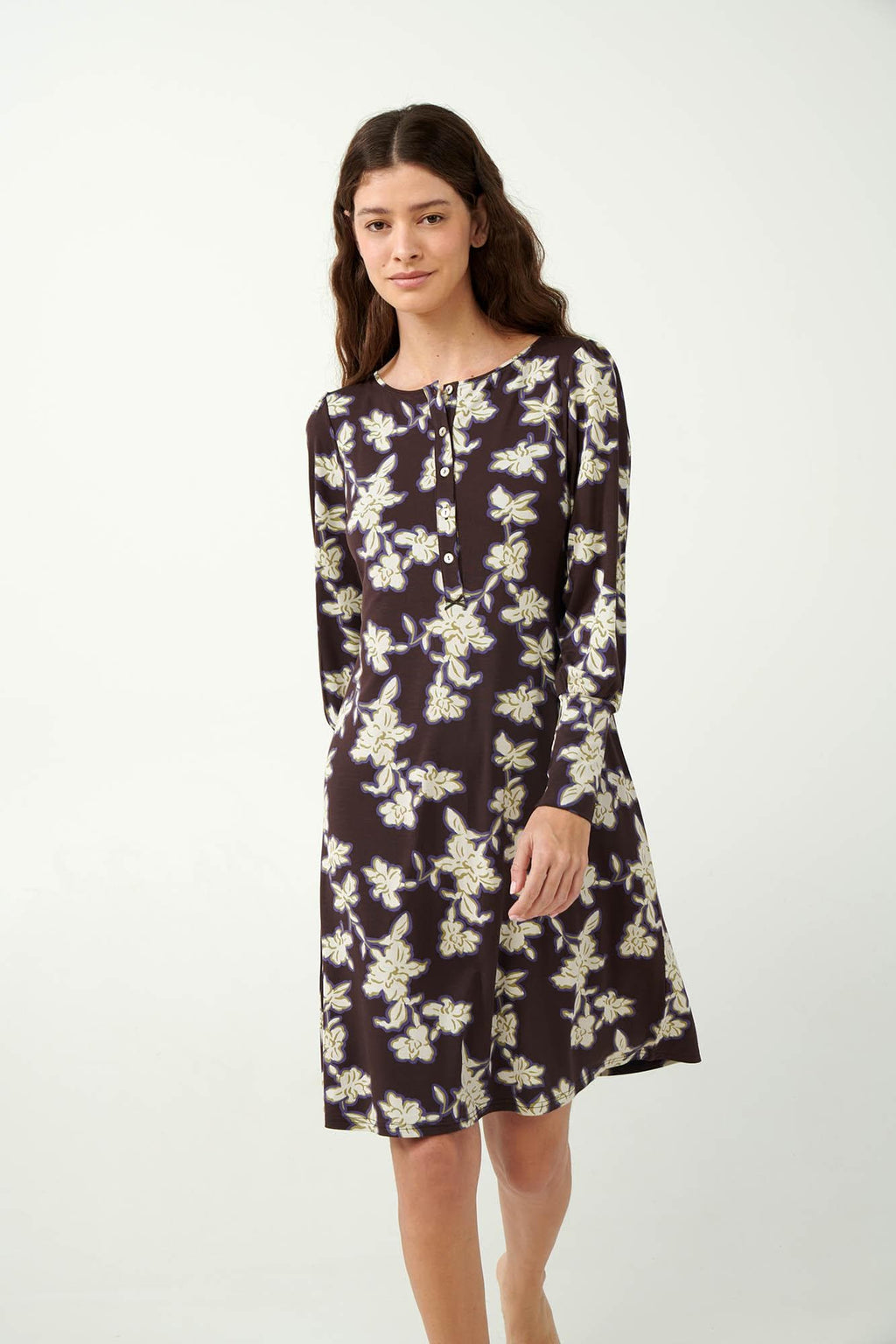 Vamp Nachthemd Bloemen met Knoopsluiting Bruin
