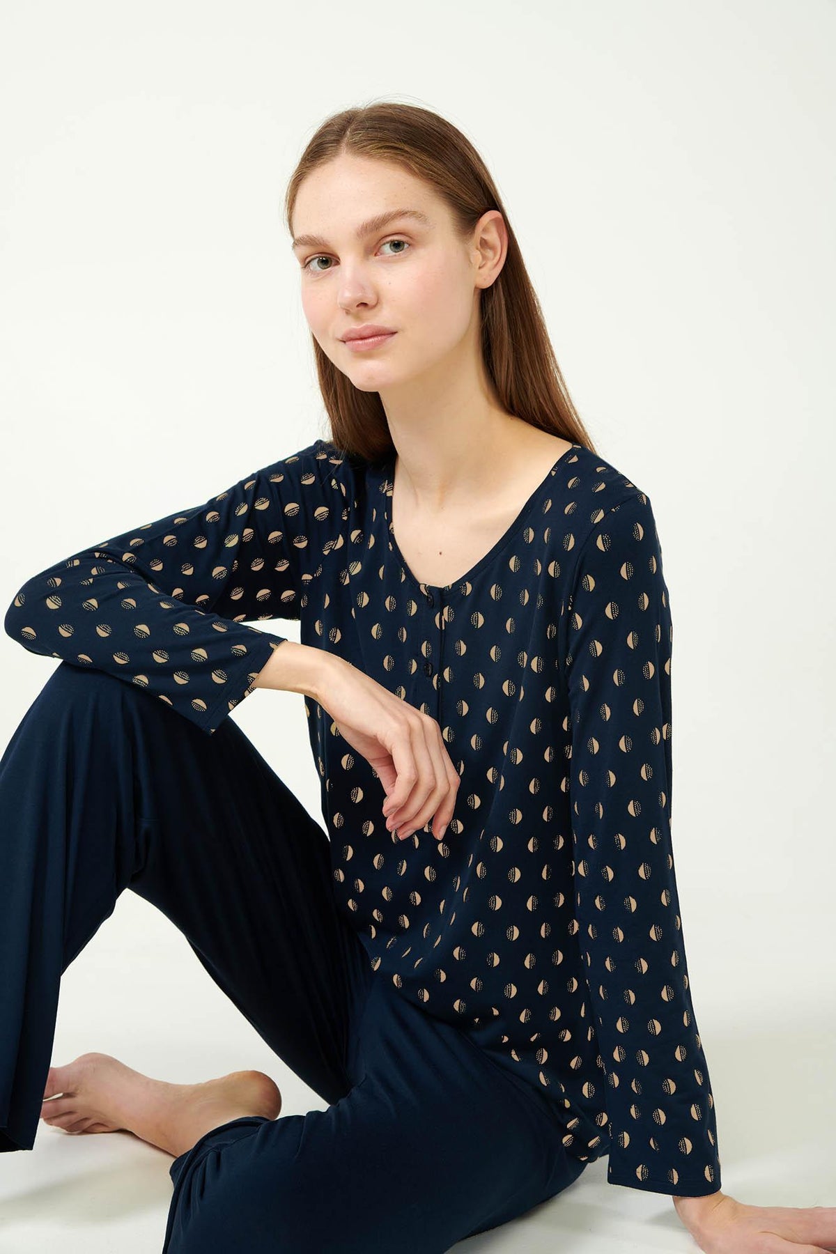 Vamp Pyjama Micromodal Goudprint Donkerblauw