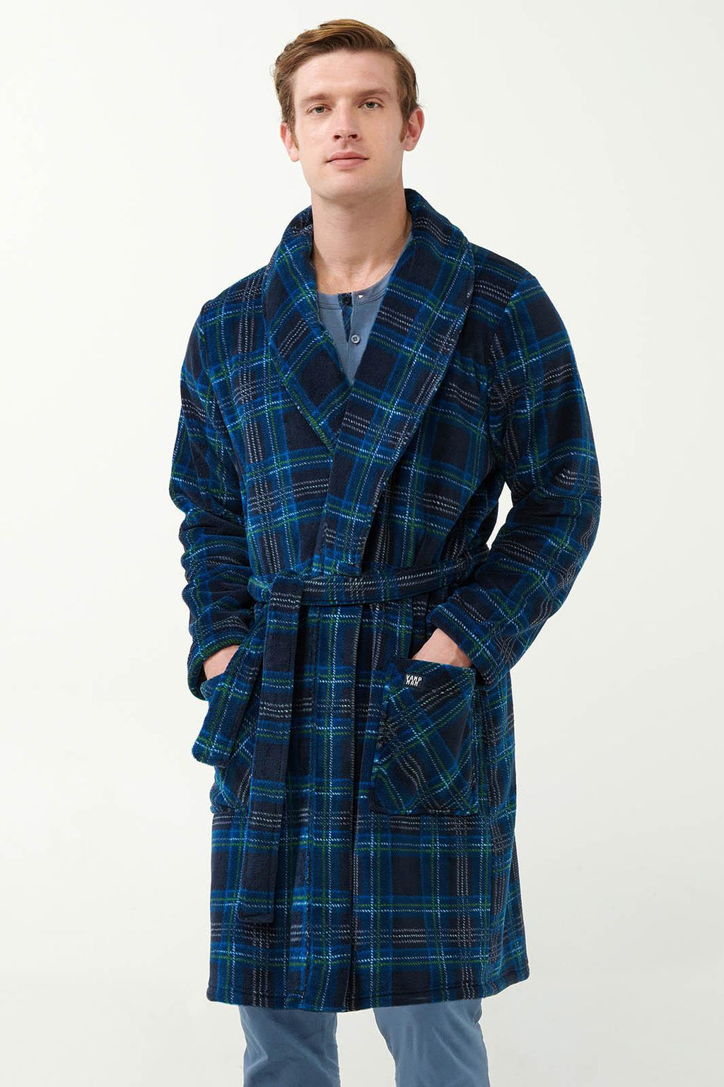 Vamp Heren Kamerjas Fleece Schotse Ruit Blauw