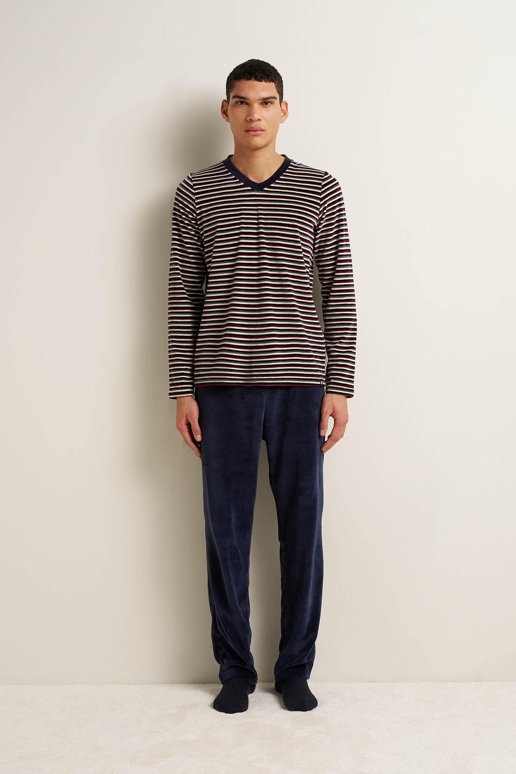 Vamp Herenpyjama Velours Strepen V-hals Blauw