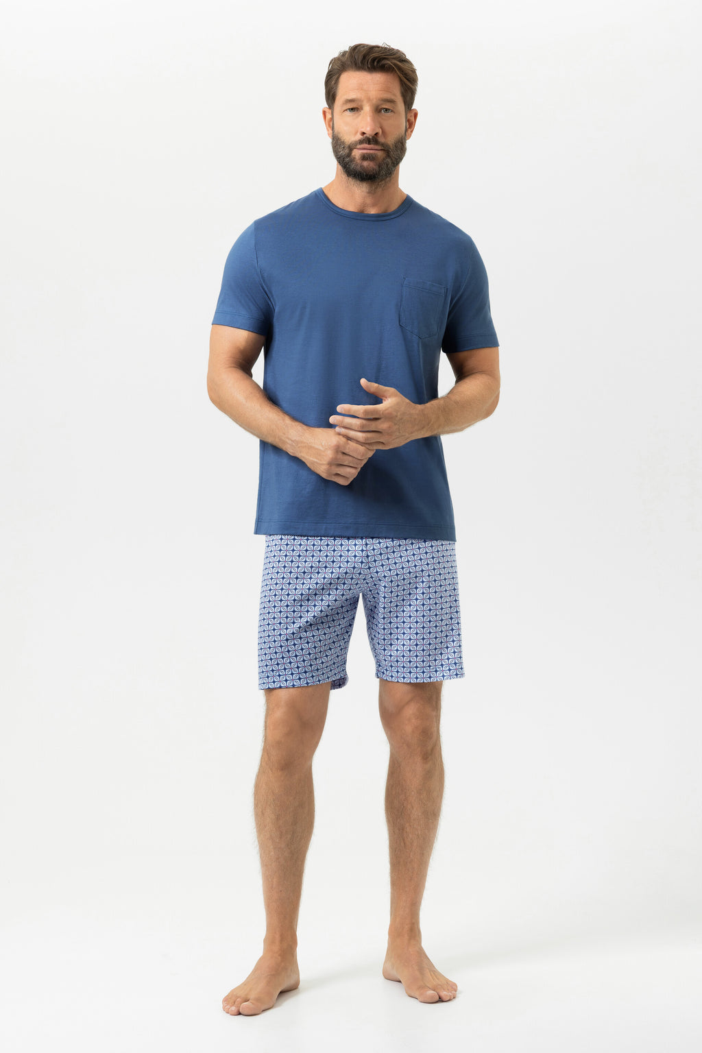Mey Heren Pyjama Kort Blauw Bloemenmotief
