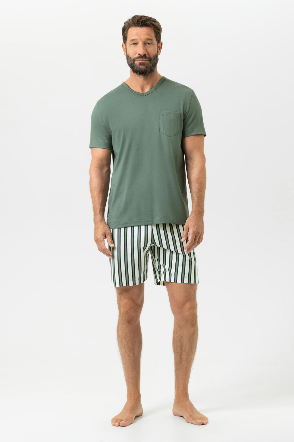 Mey Heren Pyjama Kort Kaki Streep