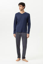 Mey Heren Pyjama Lang Luminous Stripes Yacht Blue