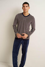 Vamp Herenpyjama Velours Strepen V-hals Blauw