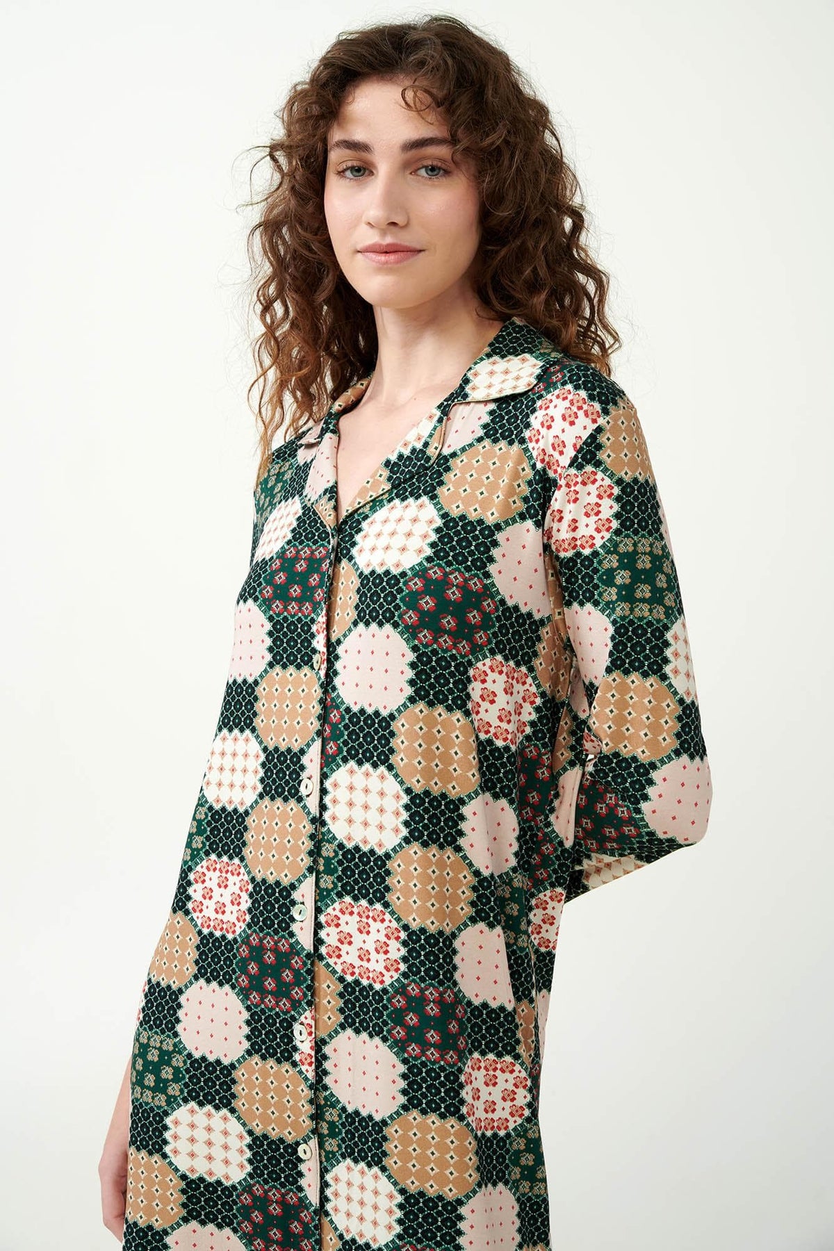 Vamp Nachthemd Viscose met Knoopsluiting Groen
