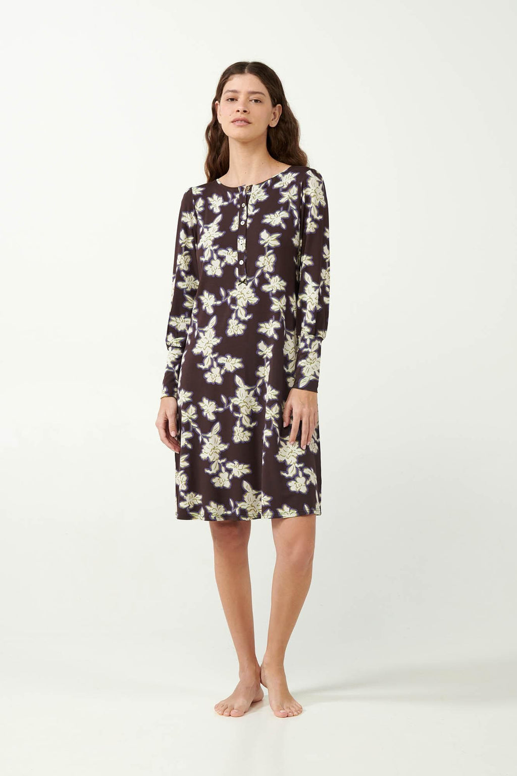 Vamp Nachthemd Bloemen met Knoopsluiting Bruin