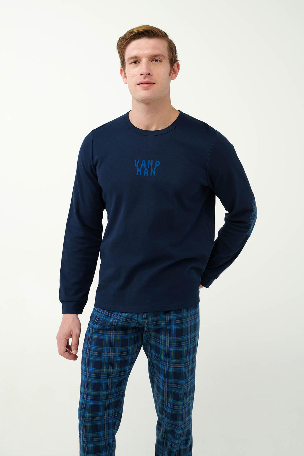 Vamp Herenpyjama Katoen Schotse Ruit Blauw
