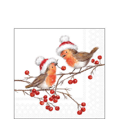 Servetten Roodborstjes met Kerstmuts – cocktail 25 x 25 cm