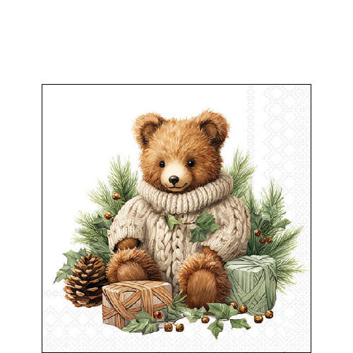 Servetten Kerstbeer Wit-Groen – cocktail 25 x 25 cm