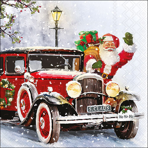 Servetten Kerstman in Auto