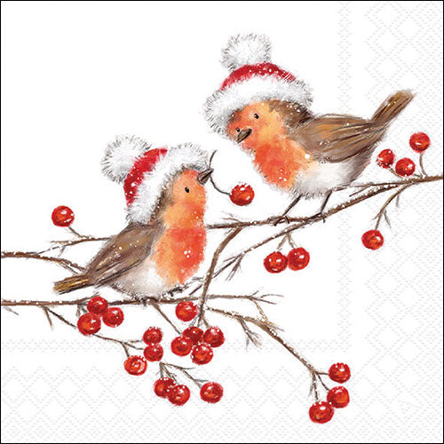 Servetten Roodborstjes met Kerstmuts – lunch 33 x 33 cm