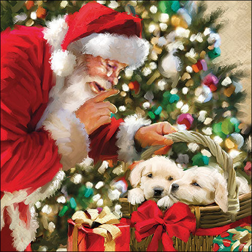 Servetten Puppy's in Mand met Kerstman