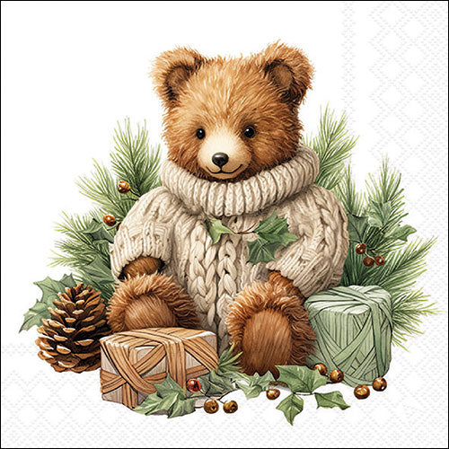 Servetten Kerstbeer Wit-Groen – lunch 33 x 33 cm