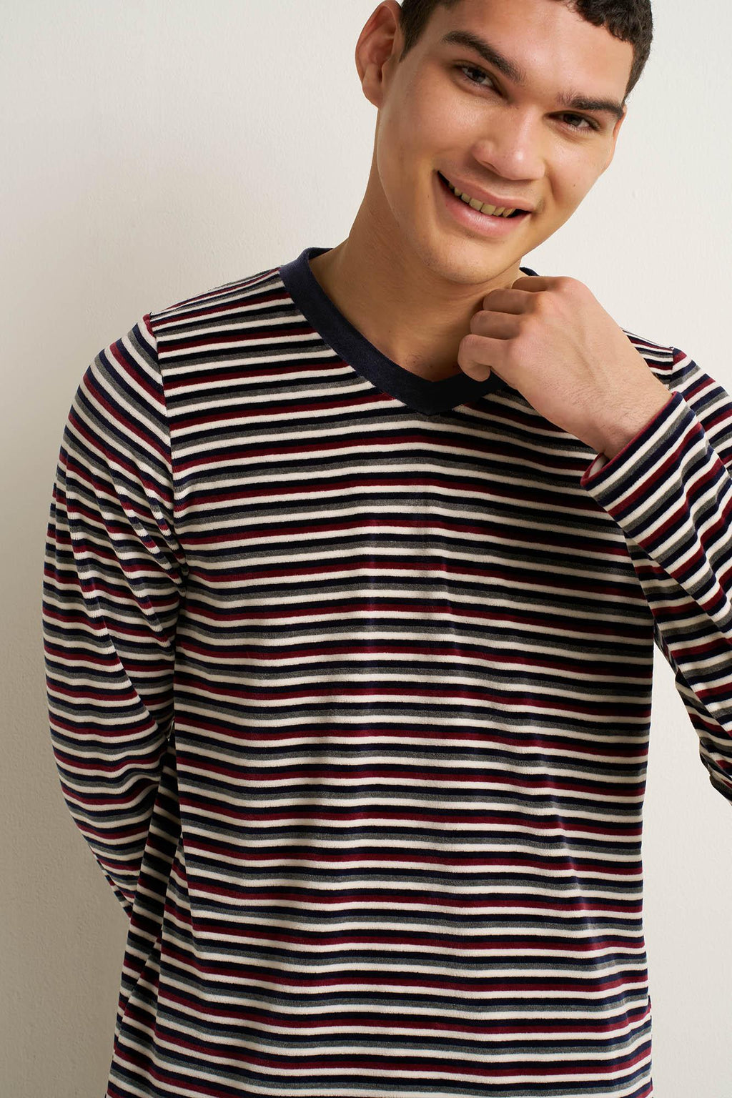 Vamp Herenpyjama Velours Strepen V-hals Blauw