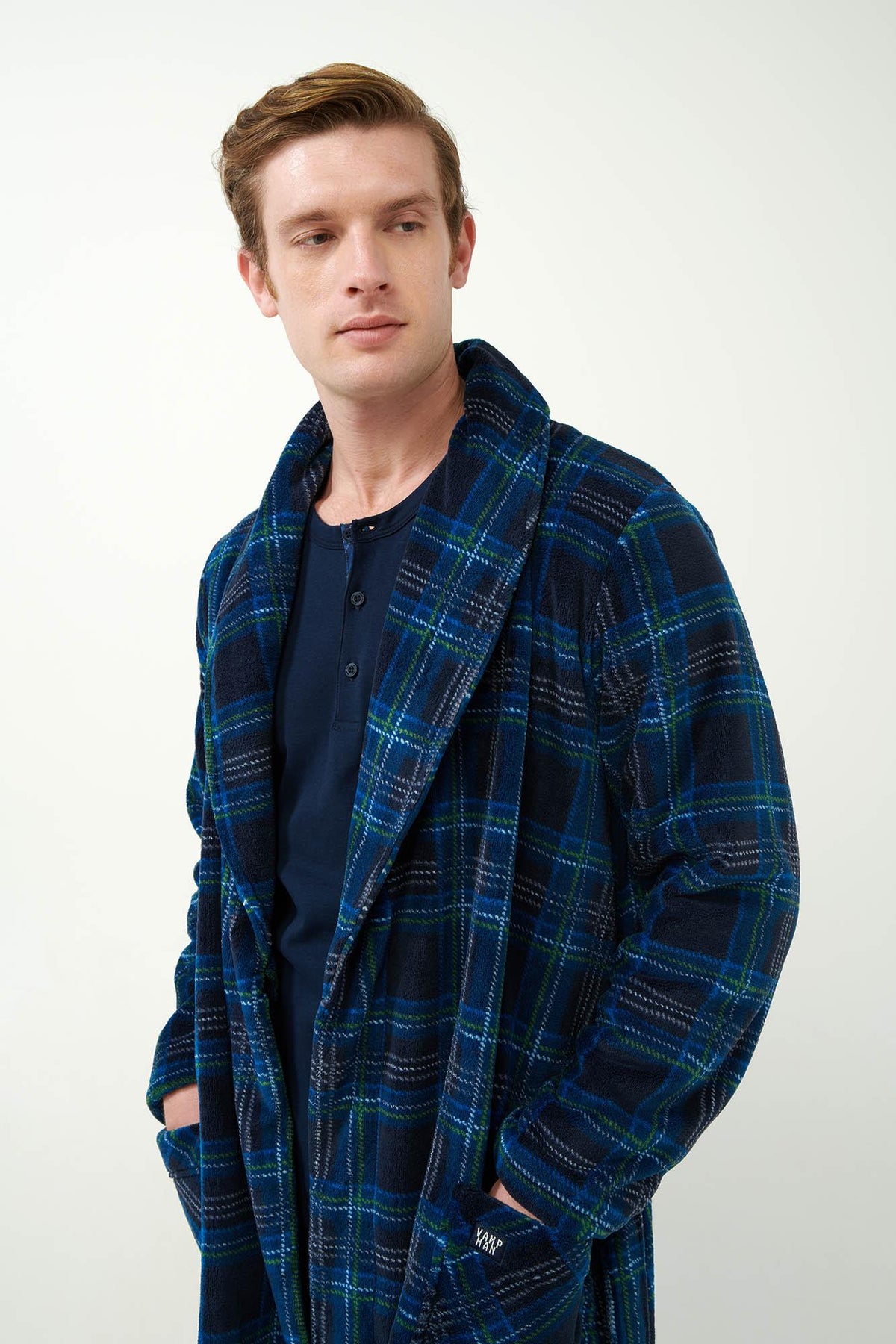 Vamp Heren Kamerjas Fleece Schotse Ruit Blauw