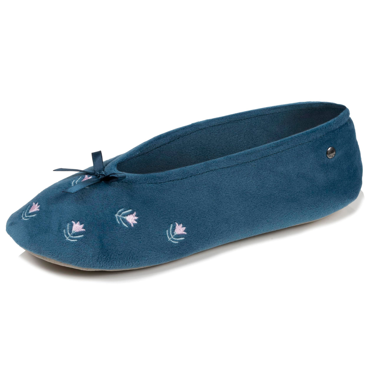 Isotoner Dames Pantoffels Ballerina Grote Strik Bleu Canard Bloemen