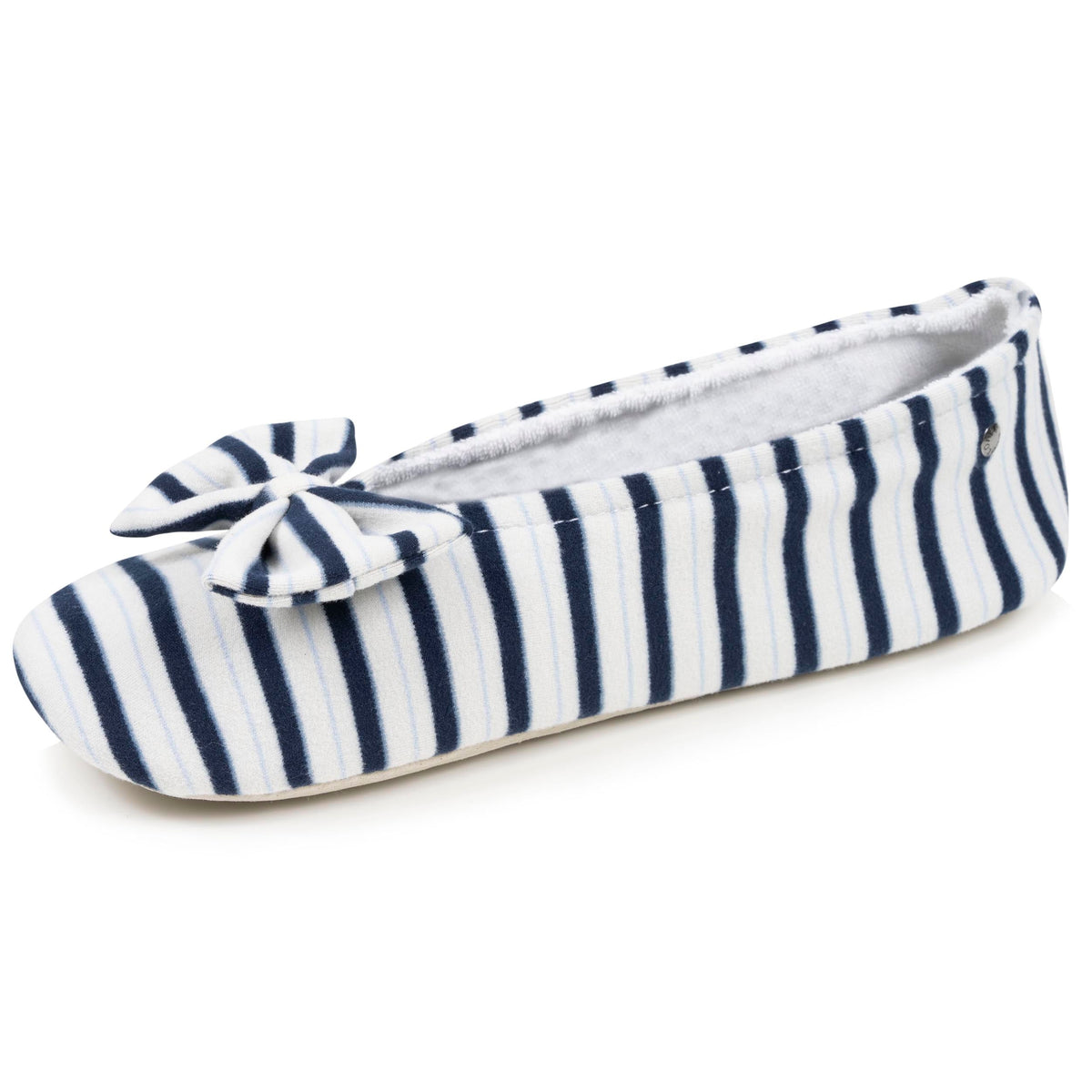 Isotoner Dames Pantoffels Ballerina Grote Strik Blauwe Strepen