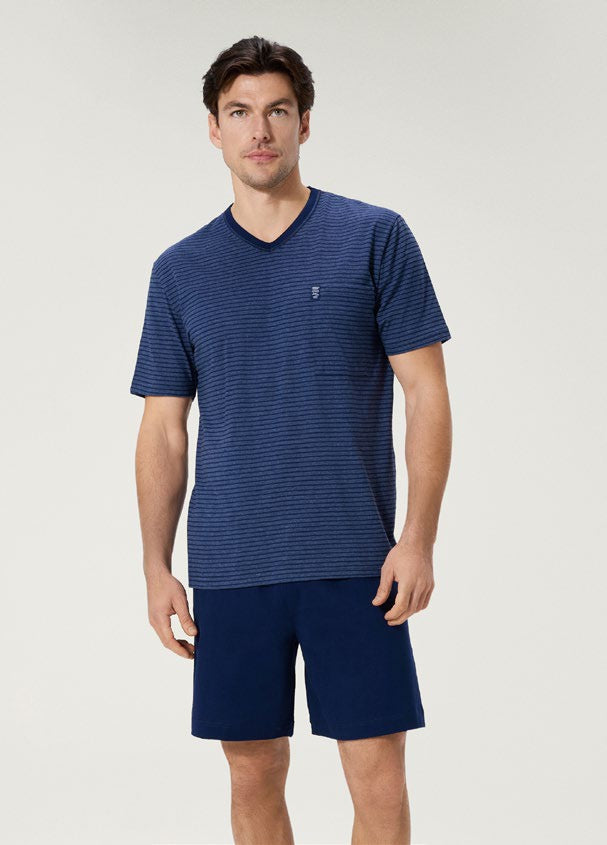 Heren Pyjama Kort V-hals Blauw