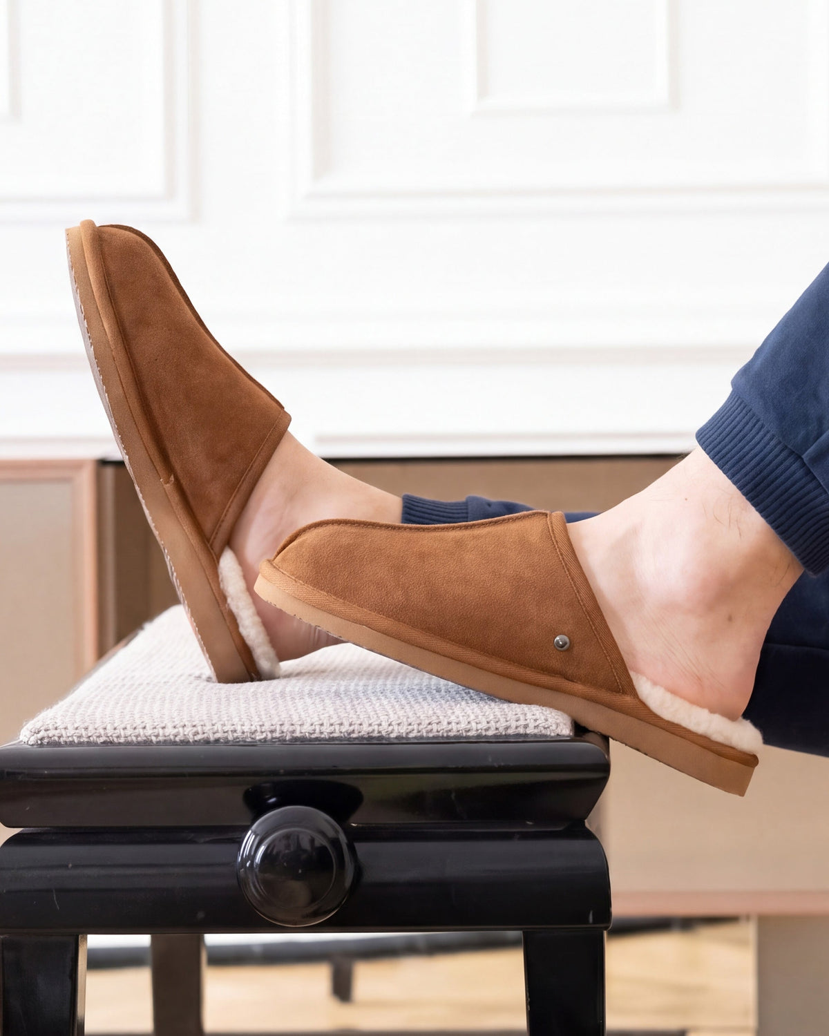 Isotoner Heren Pantoffels Muil Leer Gevoerd Camel
